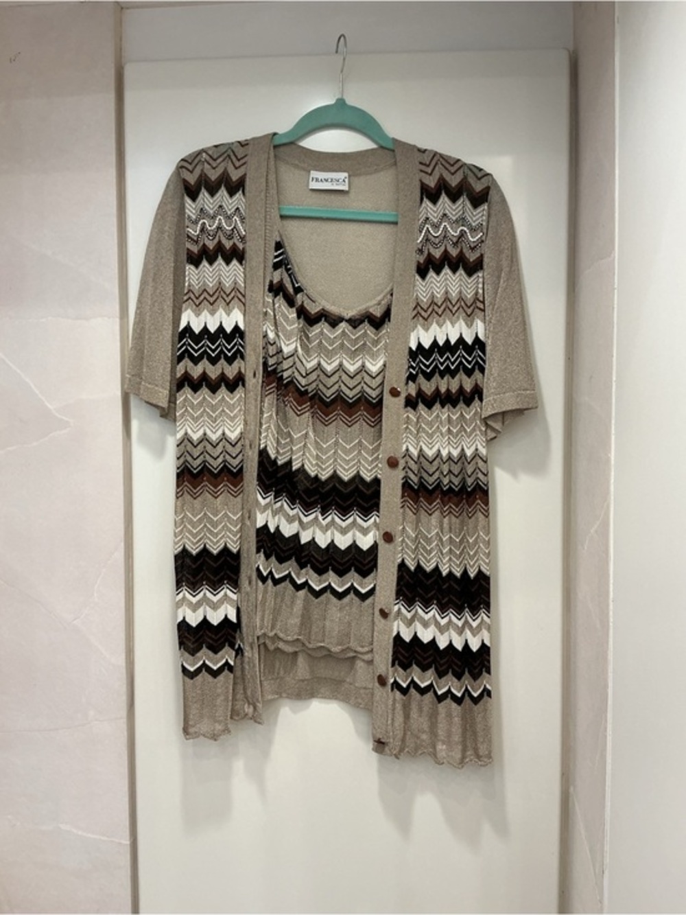 Francesca's Collections Beige Chevron Knit Cardigan & Tank Set